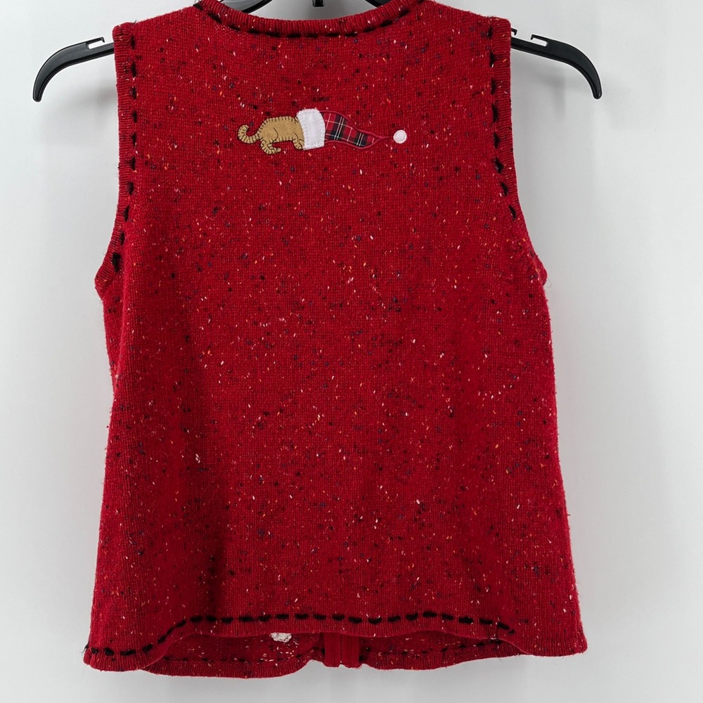 Crazy Horse Liz Claiborne Red Christmas Cat Knit Sweater Vest Zip Front Medium - Picture 5 of 9